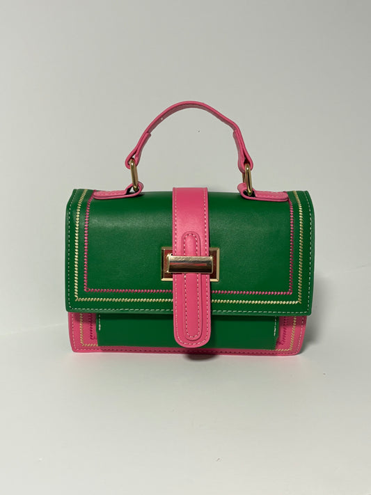 1288-Color Blocking Crossbody Bag - Green/Pink