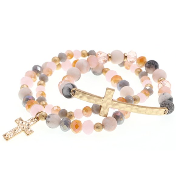 1081-3Pcs Cross Stretch Bead Bracelets -Pink/Gray