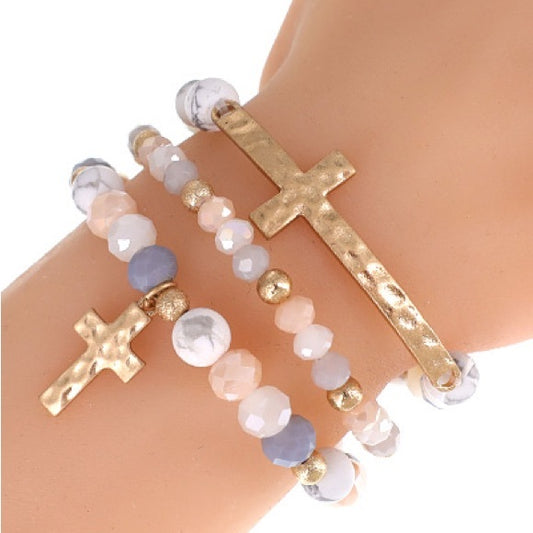 1085-3Pcs Cross Stretch Bead Bracelets -White/Gray