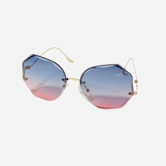 1026-Gradient Zig Zag Round Rimless Sunglasses- Blue/Pink