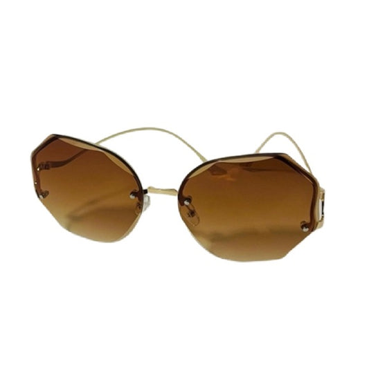 1027-Gradient Zig Zag Round Rimless Sunglasses- Brown