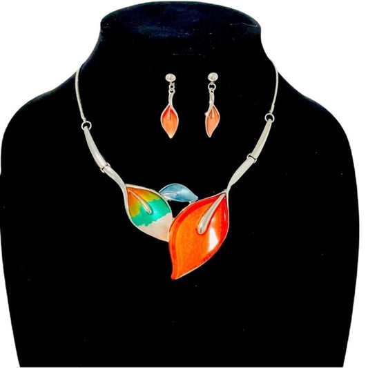 1065-Leaf Design Bib Necklace Set-Multicolor
