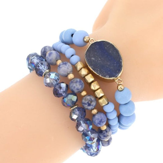 1125- 4PCS Gemstone Wooden Beads Stretch Bracelets