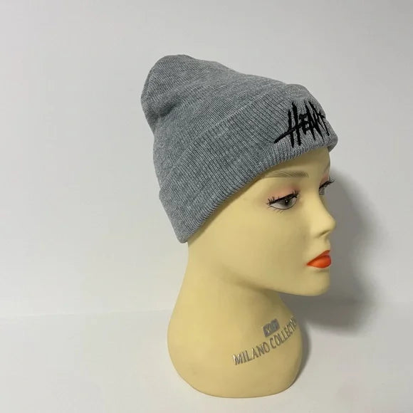 1017-Embroidered Knitted Beanie- Gray BOUTIQUE