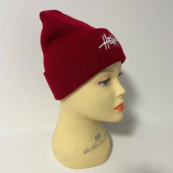 1016-Embroidered Knitted Beanie - Dark Red