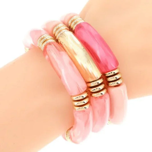 1073-3-Piece Bamboo Beads Bracelet Set-Pink