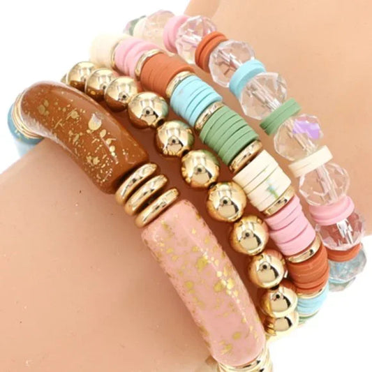 1080-4-Pcs Stretch Stack Bamboo Beads Bracelet Set-Pink Multi