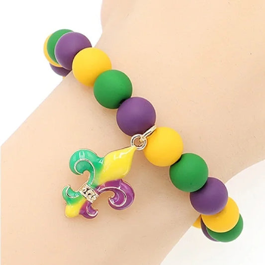 1086-Tricolor Fleur De Lis Charm Ball Stretch Bracelet
