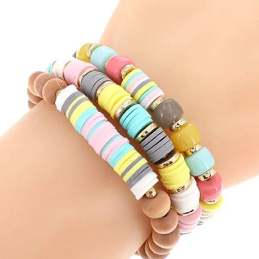 1119-3PCS Glass Beads Wood Rubber Bracelets-Pink Multi