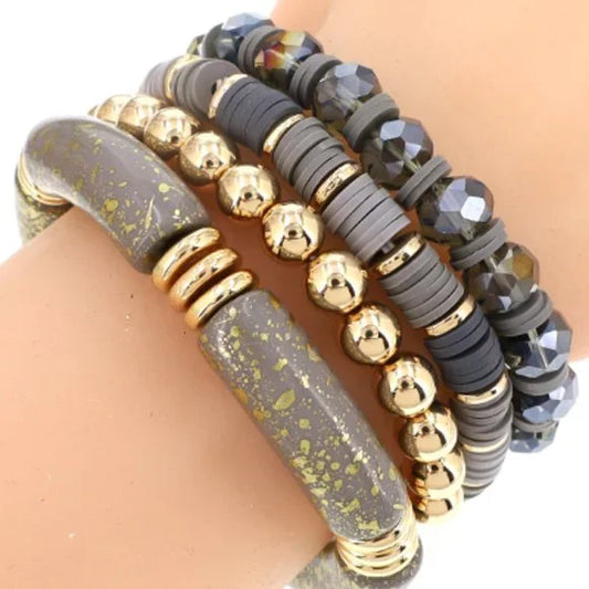 1122-4Pcs Stretch Stack Bamboo Beads Bracelet Set-Gray/Gold