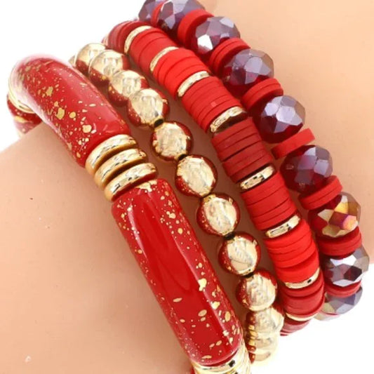 1123-4Pcs Stretch Stack Bamboo Beads Bracelet Set-Red/Gold