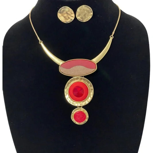 1127-Wooden Point Bib Necklace Set-Red/Gold