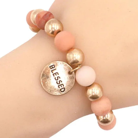 1146-BLESSED Charm Gemstone Stretch Bracelet-Gold/Pink