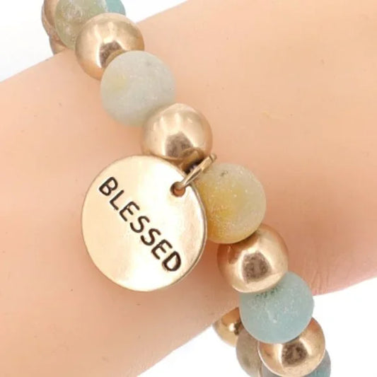 1147-Blessed Metal Round Charm Stretch Bracelet- Mint/Gold