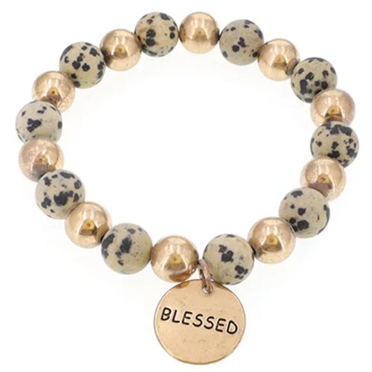 1148-BLESSED Charm Dalmatian Gemstone Stretch Bracelet