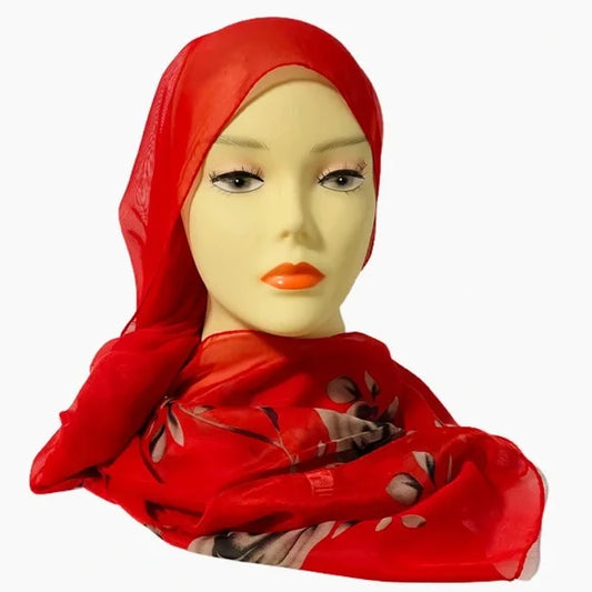 1167-Polyester Rectangular Floral Scarf-Red