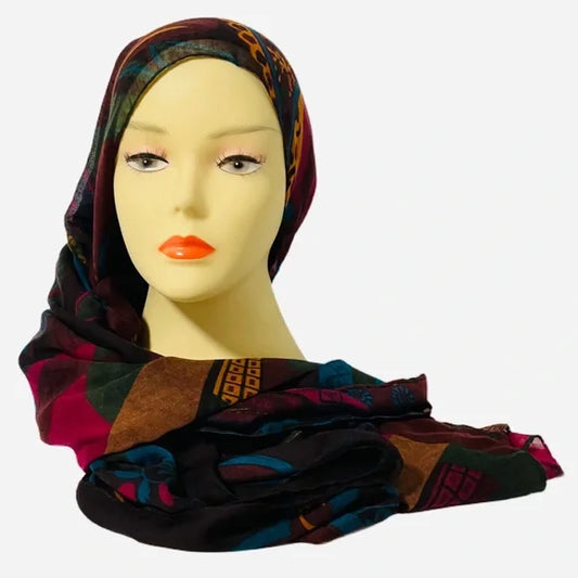 1168-Polyester Large Scarf-Red Wine/Multi