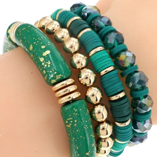 1067-4-Pcs Stretch Stack Bamboo Beads Bracelet Set- GREEN