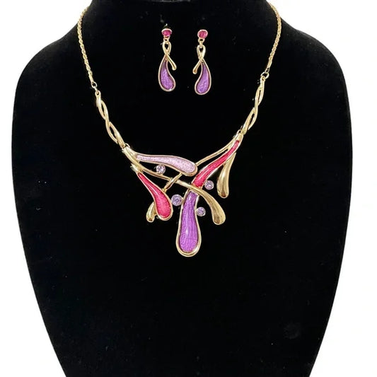 1184-Golden Metal Rhinestones Necklace Set-Purple/Pink