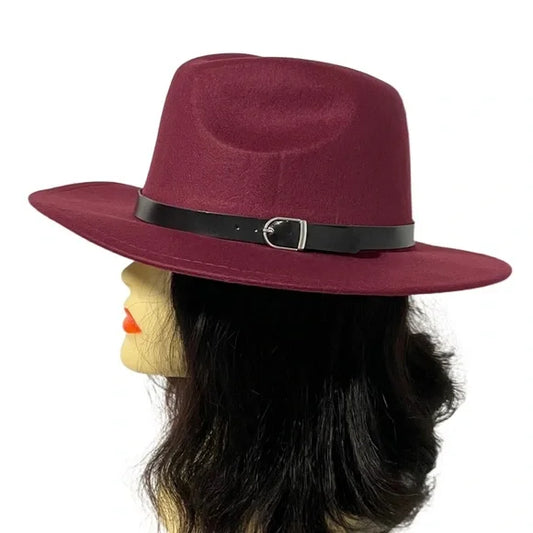 1152-Buckle Accent Fedora Hat-Red Wine