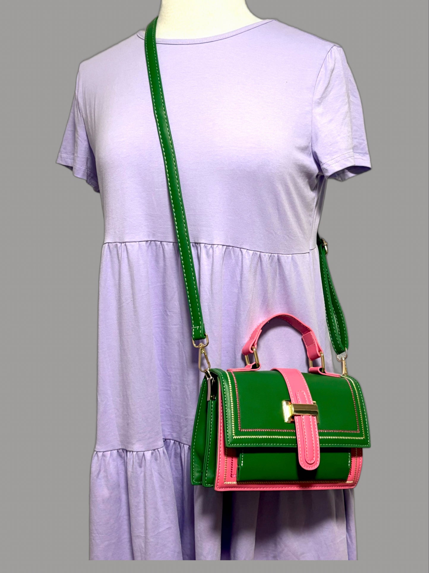 1288-Color Blocking Crossbody Bag - Green/Pink