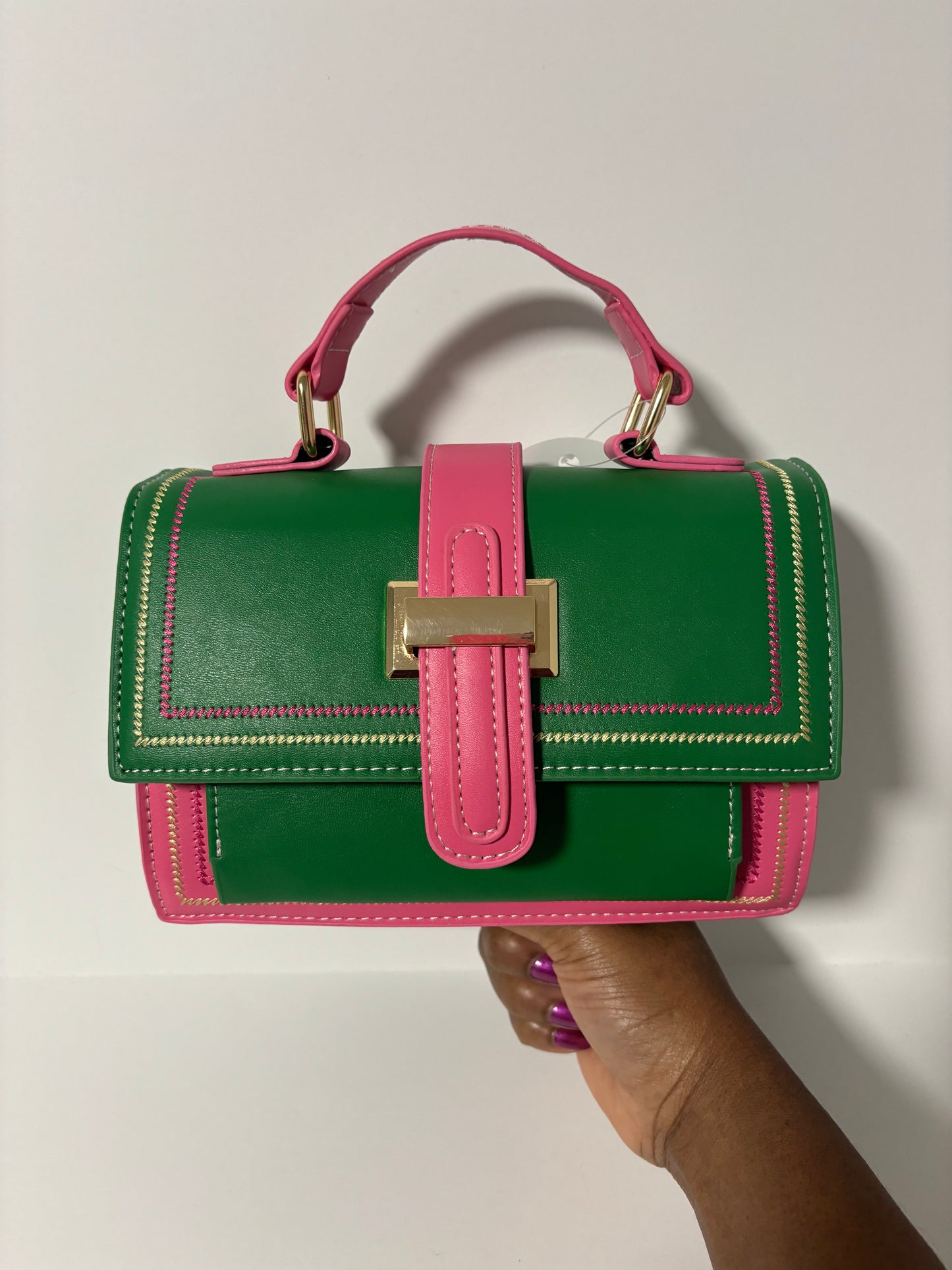 1288-Color Blocking Crossbody Bag - Green/Pink