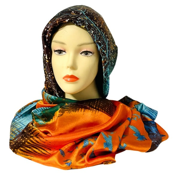 1115-Large Print Scarf-Dark -Orange/Multi