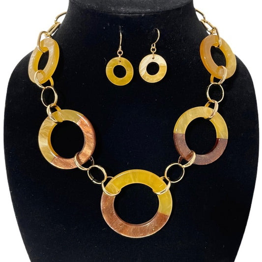 1179-Metal & Acetate Round Link Necklace Set-Yellow/Brown