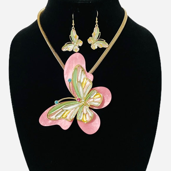 1181-Elegant Butterfly Pendant Necklace Set-Pink/Multi