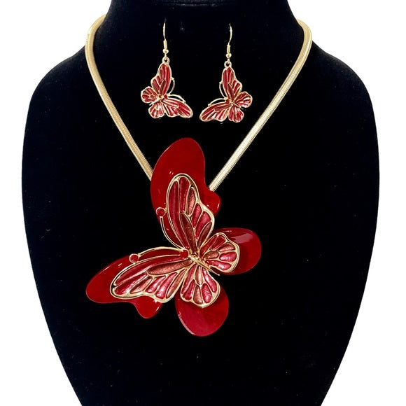 1186-Butterfly Pendant Necklace Set-Red