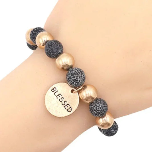 1126-BLESSED Charm Gemstone Stretch Bracelet-Gold/Gray