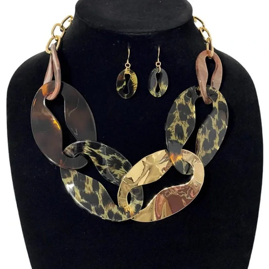 1136-Animal Print Linked Necklace Set-Brown/Gold