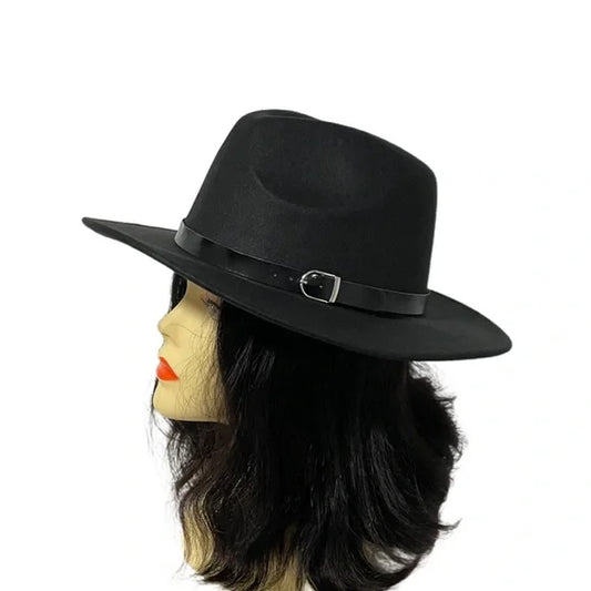 1153-Buckle Accent Fedora Hat-Black