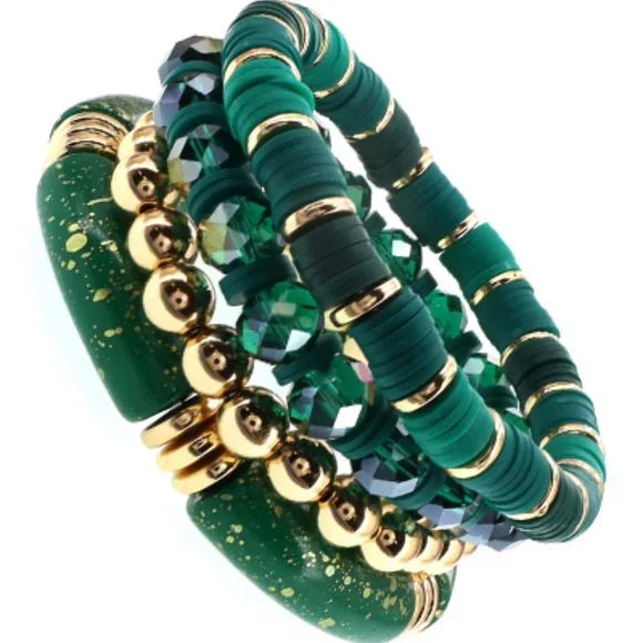 1067-4-Pcs Stretch Stack Bamboo Beads Bracelet Set- GREEN