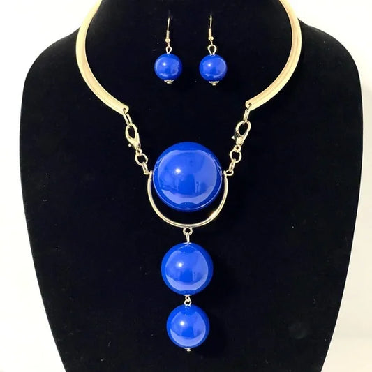 1187-Chocker Graduating Balls Necklace Set-Blue/Gold