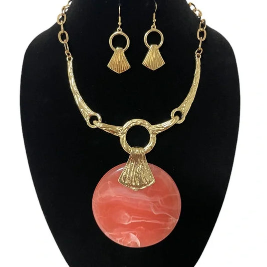 1139-Large Circle Pendant Necklace Set-Coral