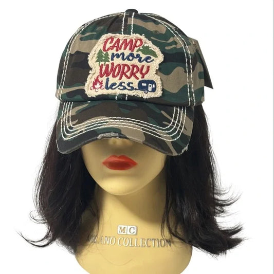 1259-Camp More Worry Less Camo Distressed Ball Cap