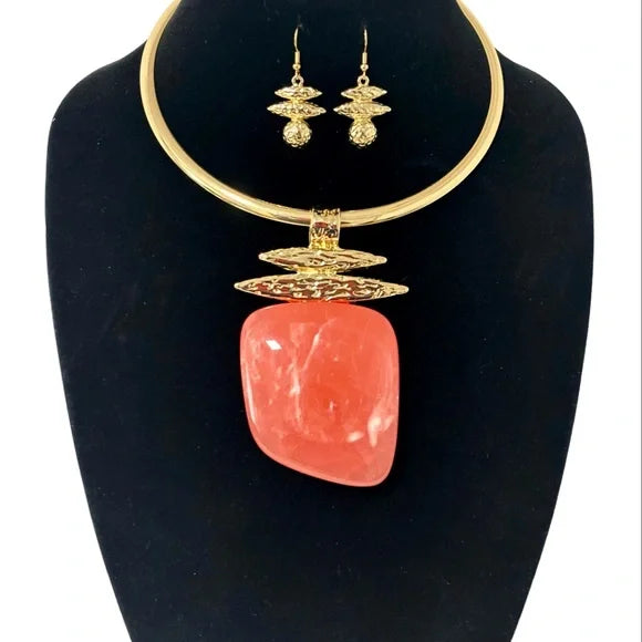 1264-Choker Drop Bib Pendant Necklace Set- Coral