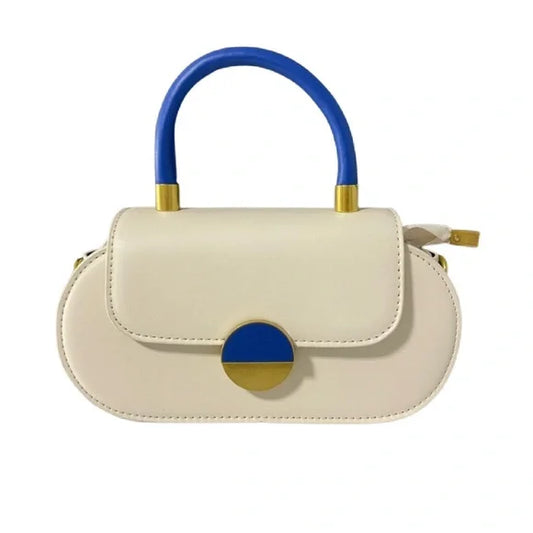 1295-MINI Golden Metal Accent Oval Bag-Cream/Blue