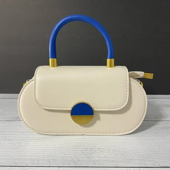 1295-MINI Golden Metal Accent Oval Bag-Cream/Blue