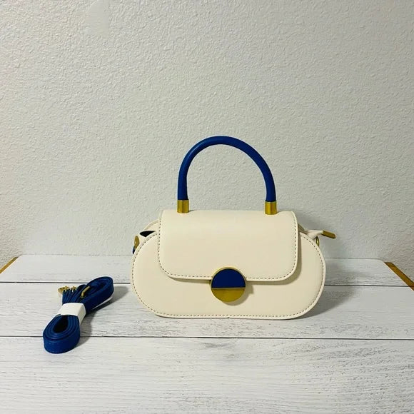 1295-MINI Golden Metal Accent Oval Bag-Cream/Blue