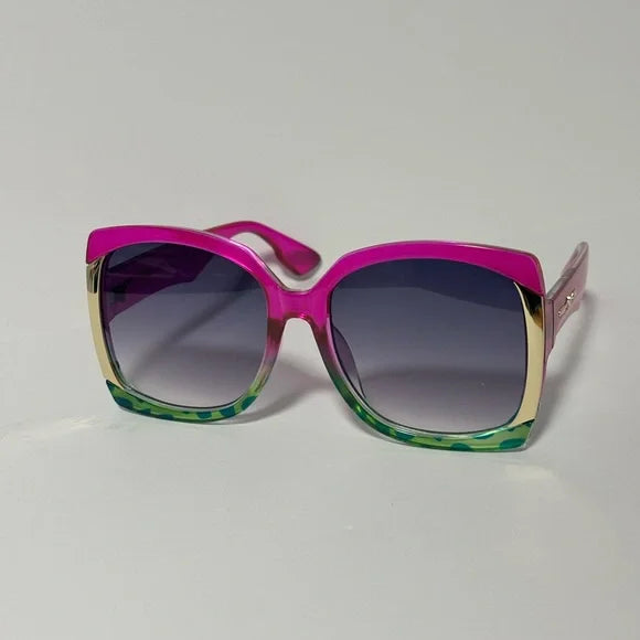 1298-Oversized Square Fashion Sunglasses -Green/Hot Pink